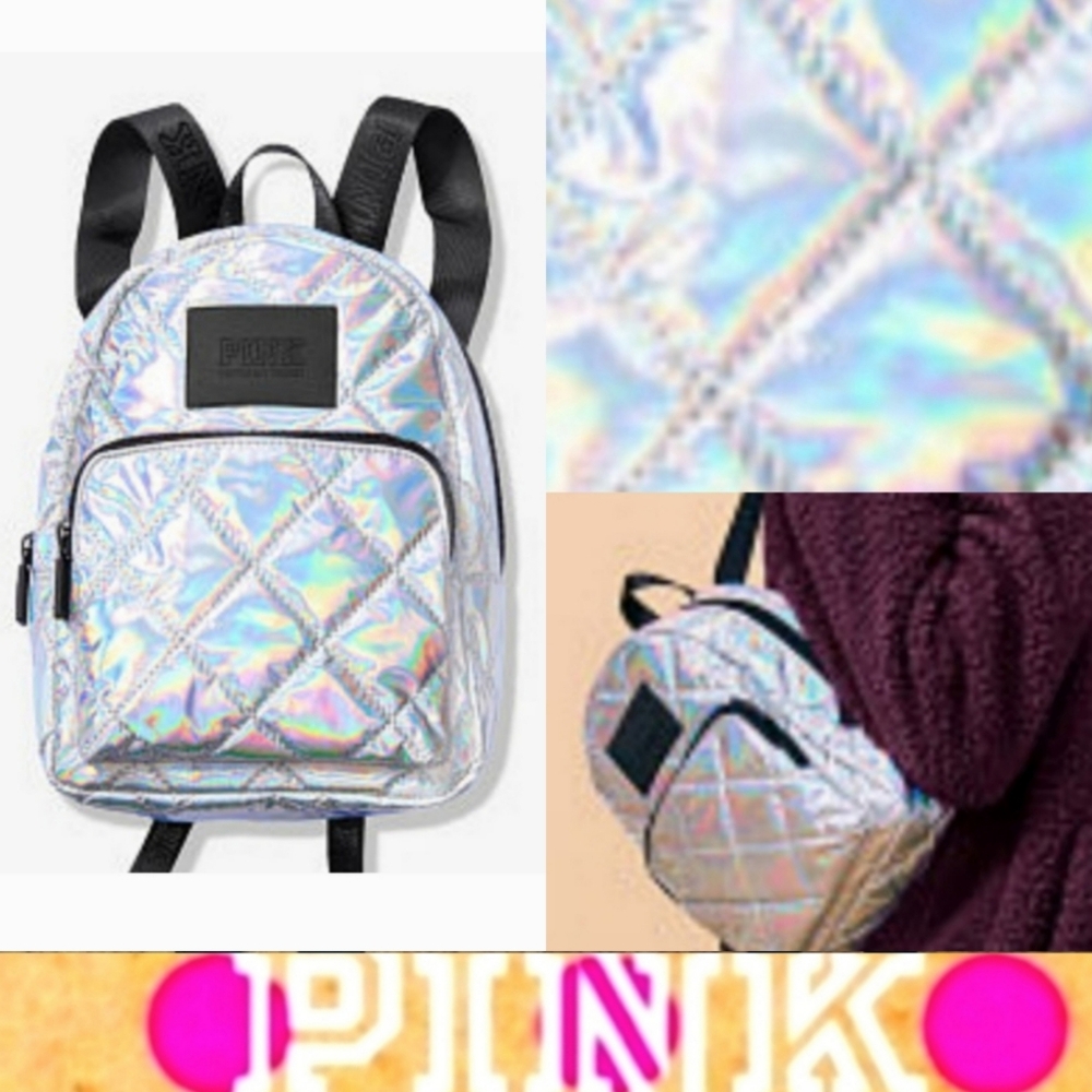 Victoria's Secret PINK VTG Iridescent Silver Foil Metallic Backpack Vintage NWT